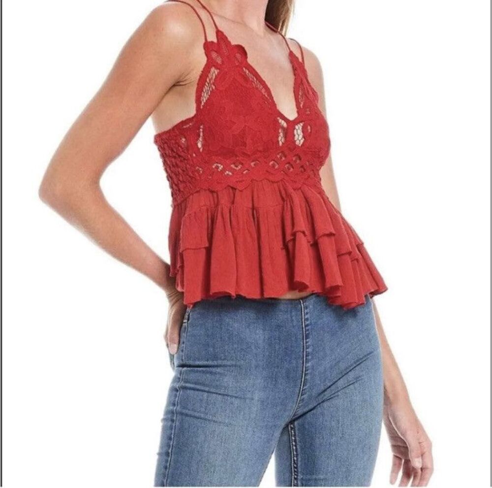 Free People Cami Top Size S Cherry Red Adella Crochet Lace Spaghetti Festival